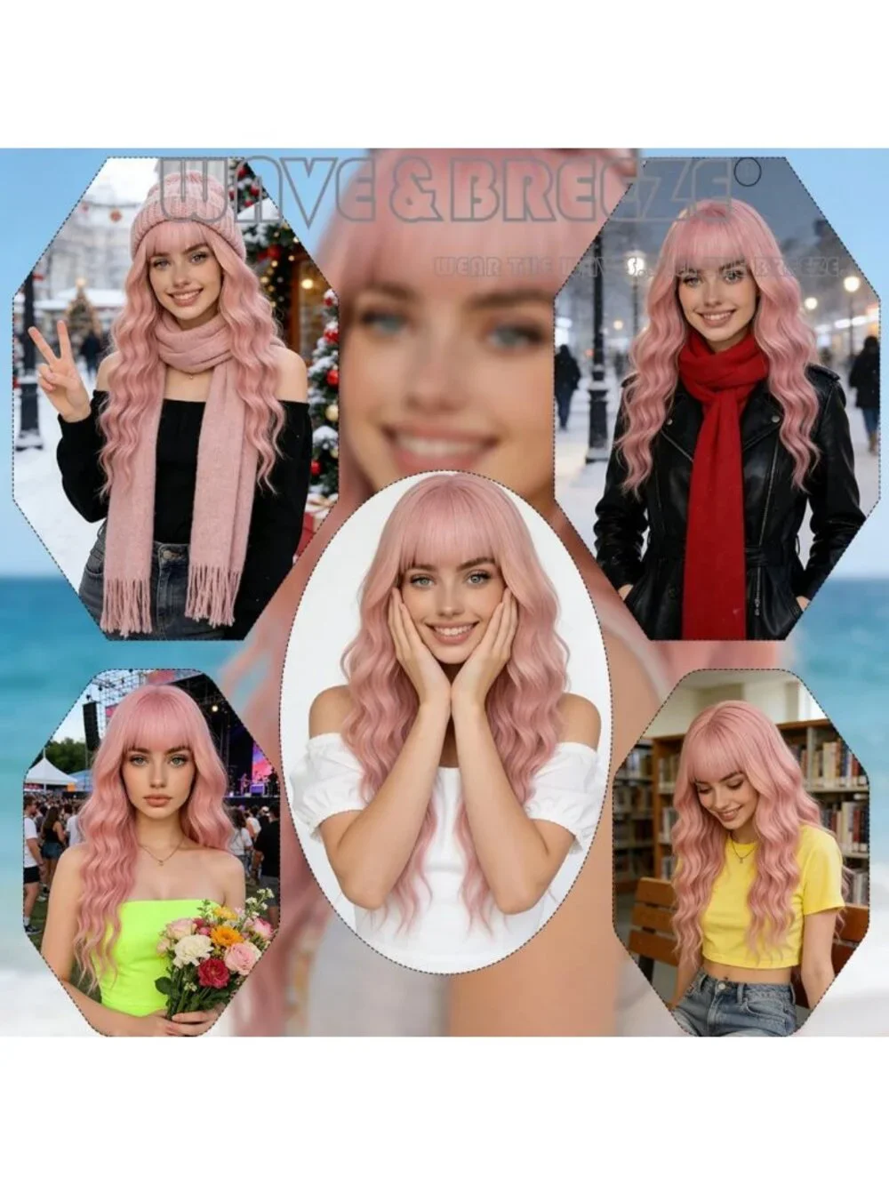 26-Inch Pink Wavy Curly Wig with Bangs | Soft Fiber, Adjustable Cap for Daily